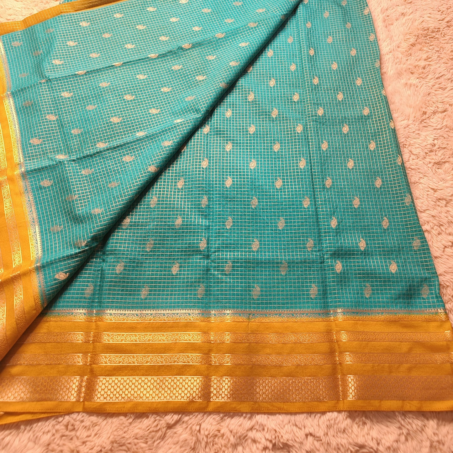 Rama green with yellow semi mysore crepe checks saree