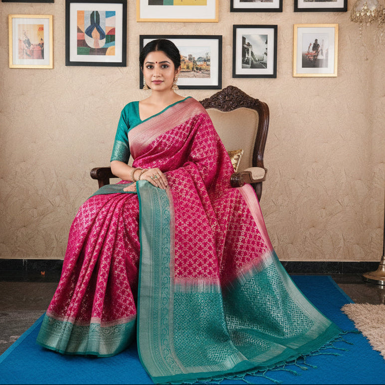 Pink color viscose crepe brocade saree