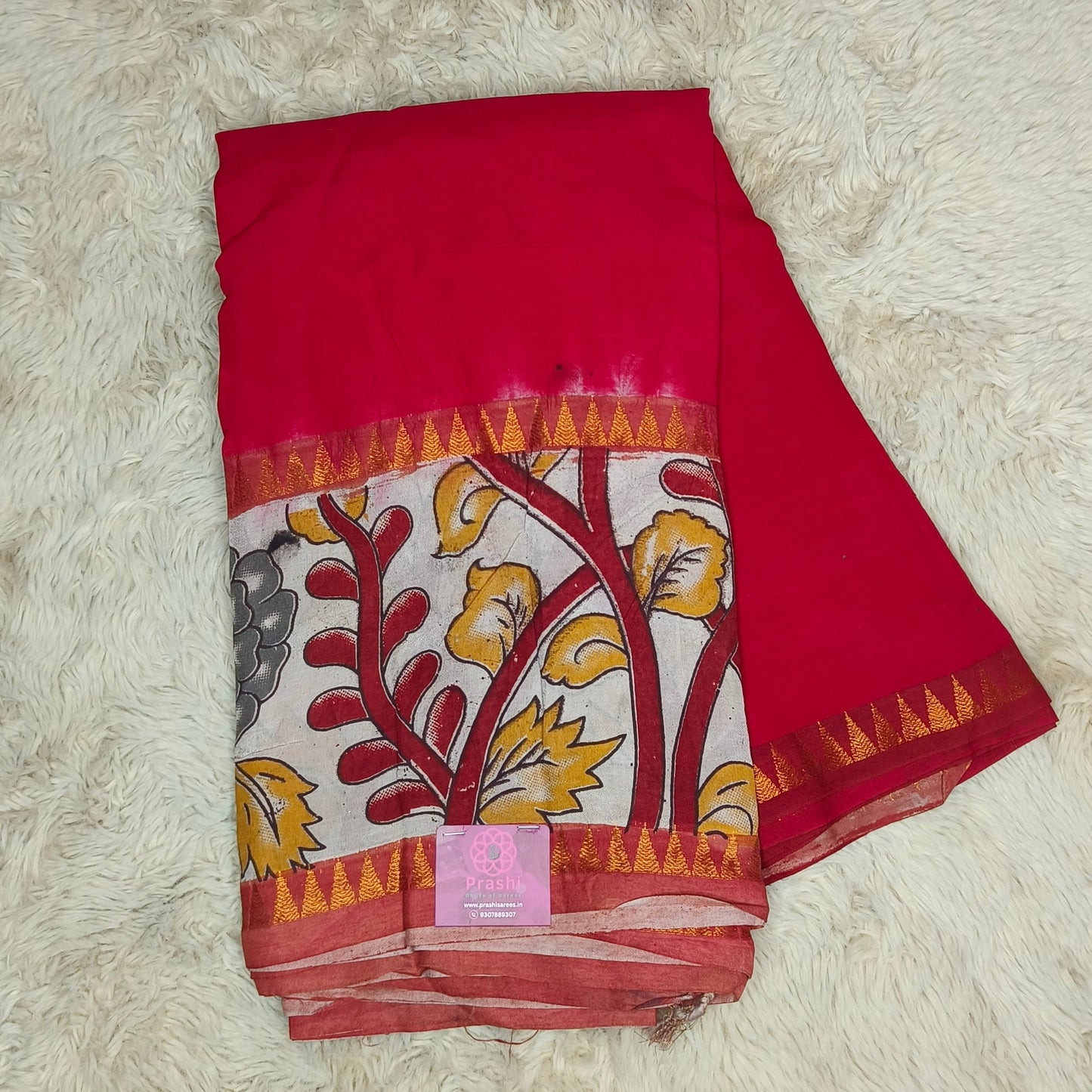 Red color chennur silk kalamkari gap border saree
