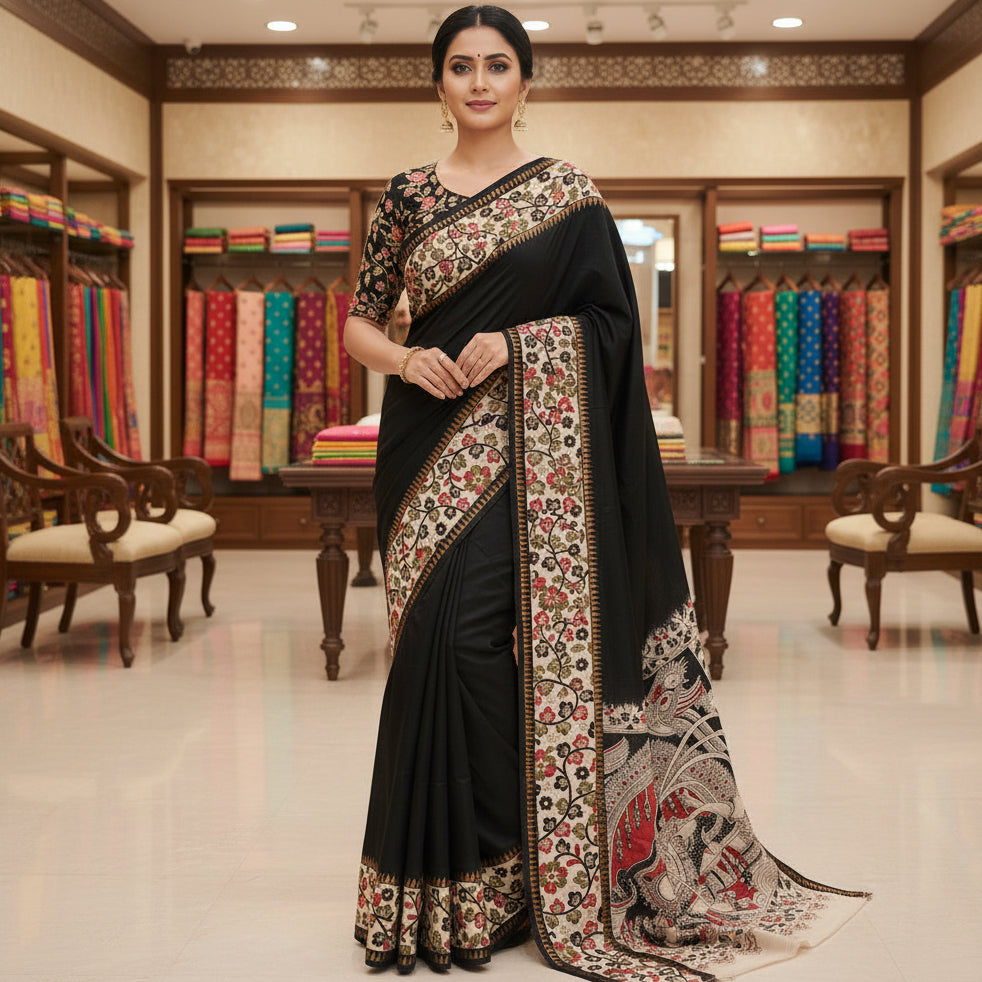 Black chennuer silk kalamkari saree