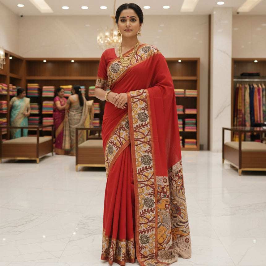 Red color chennur silk kalamkari gap border saree
