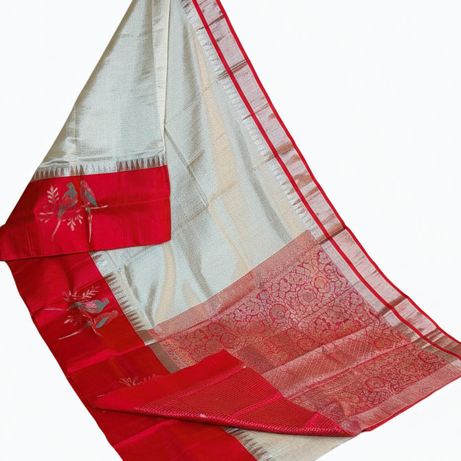 Half white and red border double tissue venkatagiri silk saree