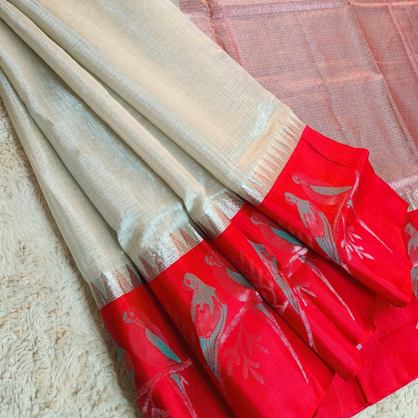 Half white and red border double tissue venkatagiri silk saree