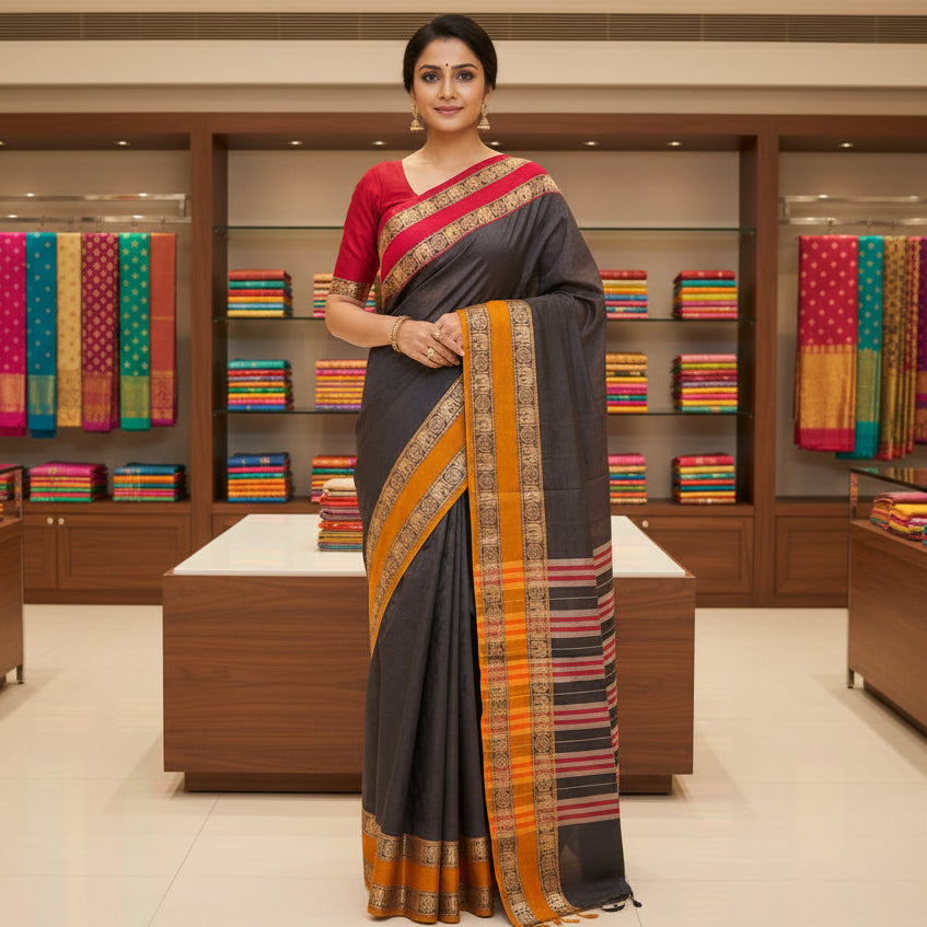 Black pure handloom narayanpet ganga jamuna border cotton saree