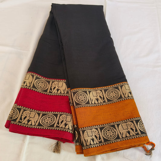Black pure handloom narayanpet ganga jamuna border cotton saree