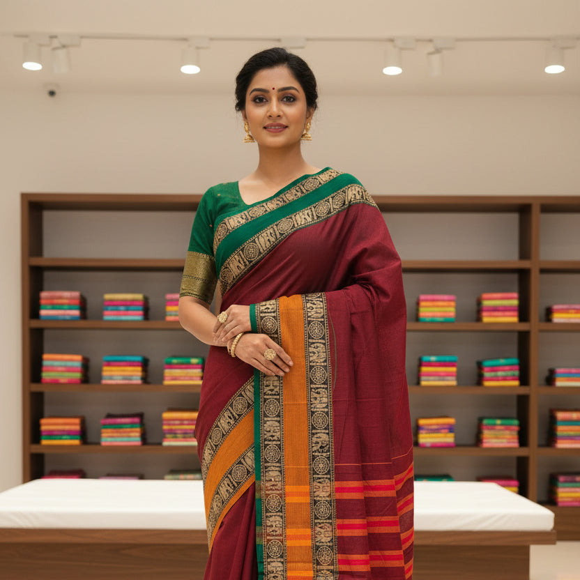 Maroon pure handloom narayanpet ganga jamuna border cotton saree