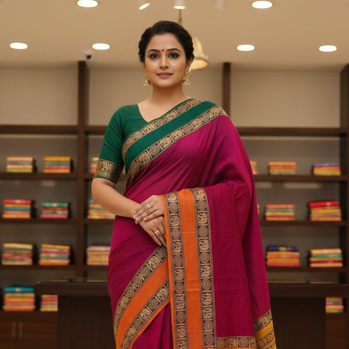 Pink pure handloom narayanpet ganga jamuna border
