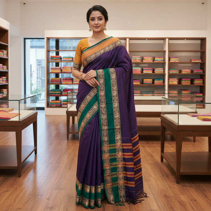 Purple pure handloom narayanpet ganga jamuna border cotton saree