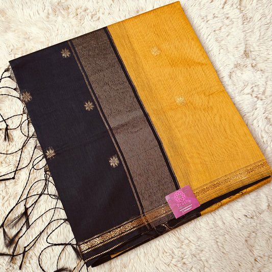 Yellow with black maheshwari silk cotton saree