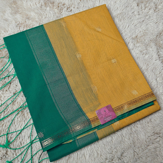 Yellow with teal blue maheshwari silk cotton saree
