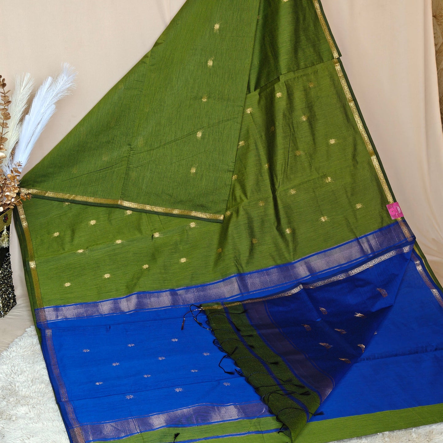 Green with blue maheshwari silk cotton saree