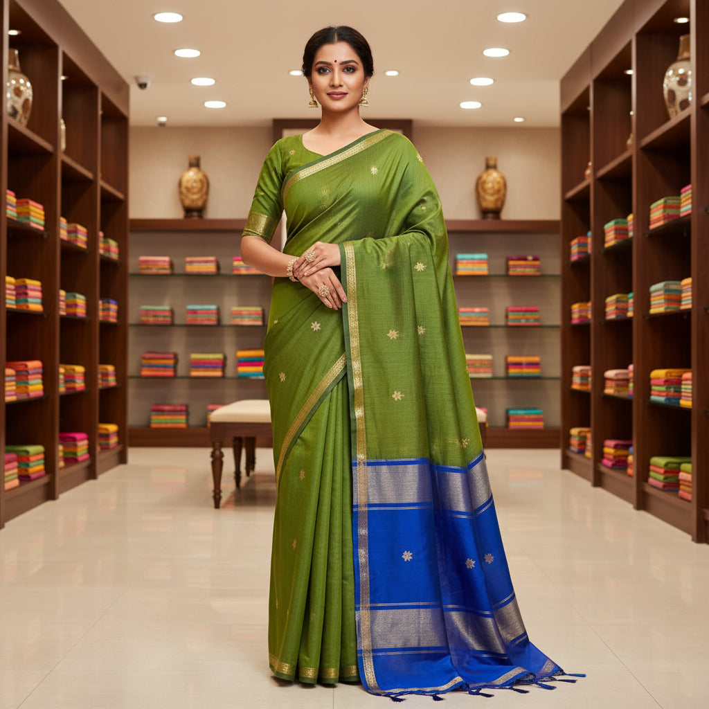 Green with blue maheshwari silk cotton saree