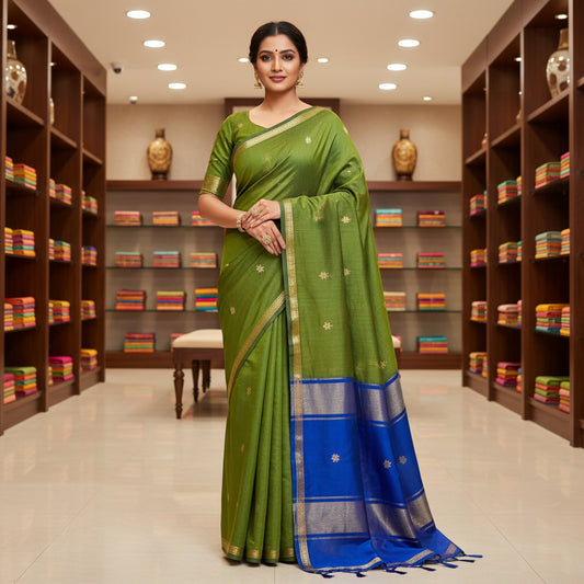 Green with blue maheshwari silk cotton saree