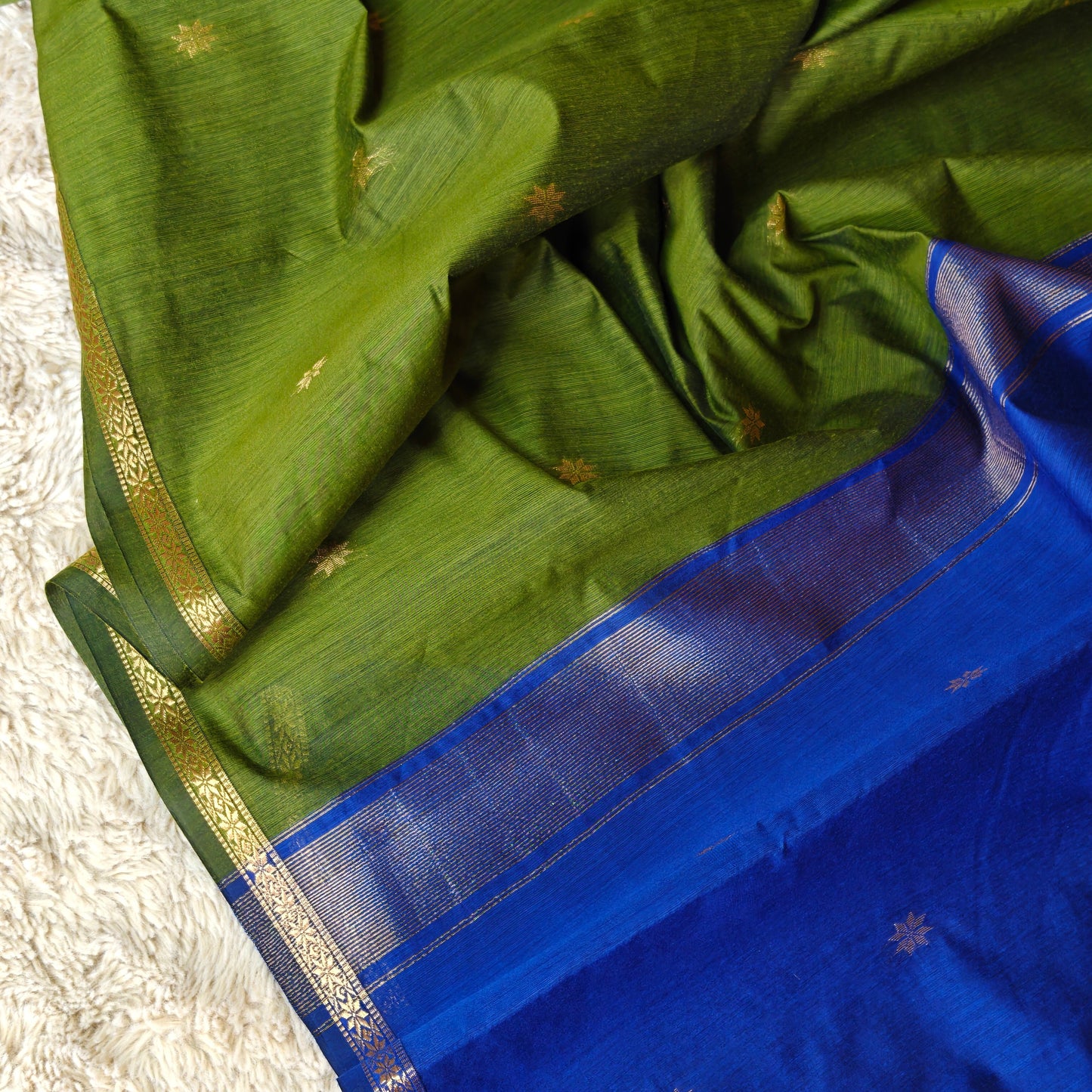 Green with blue maheshwari silk cotton saree