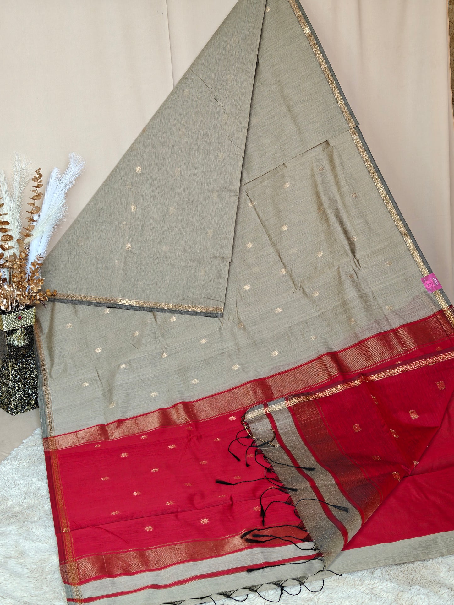 Grey with maroon maheshwari silk cotton saree
