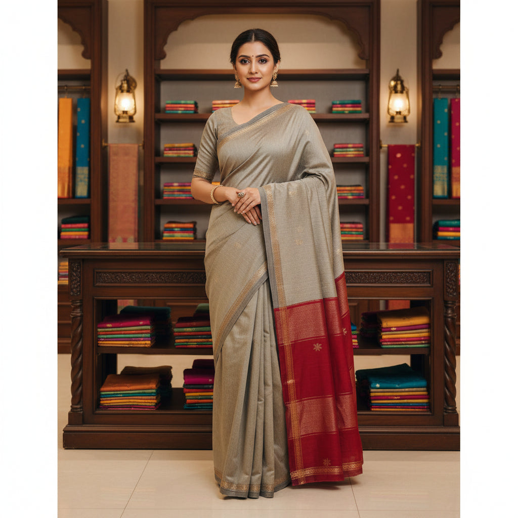 Grey with maroon maheshwari silk cotton saree