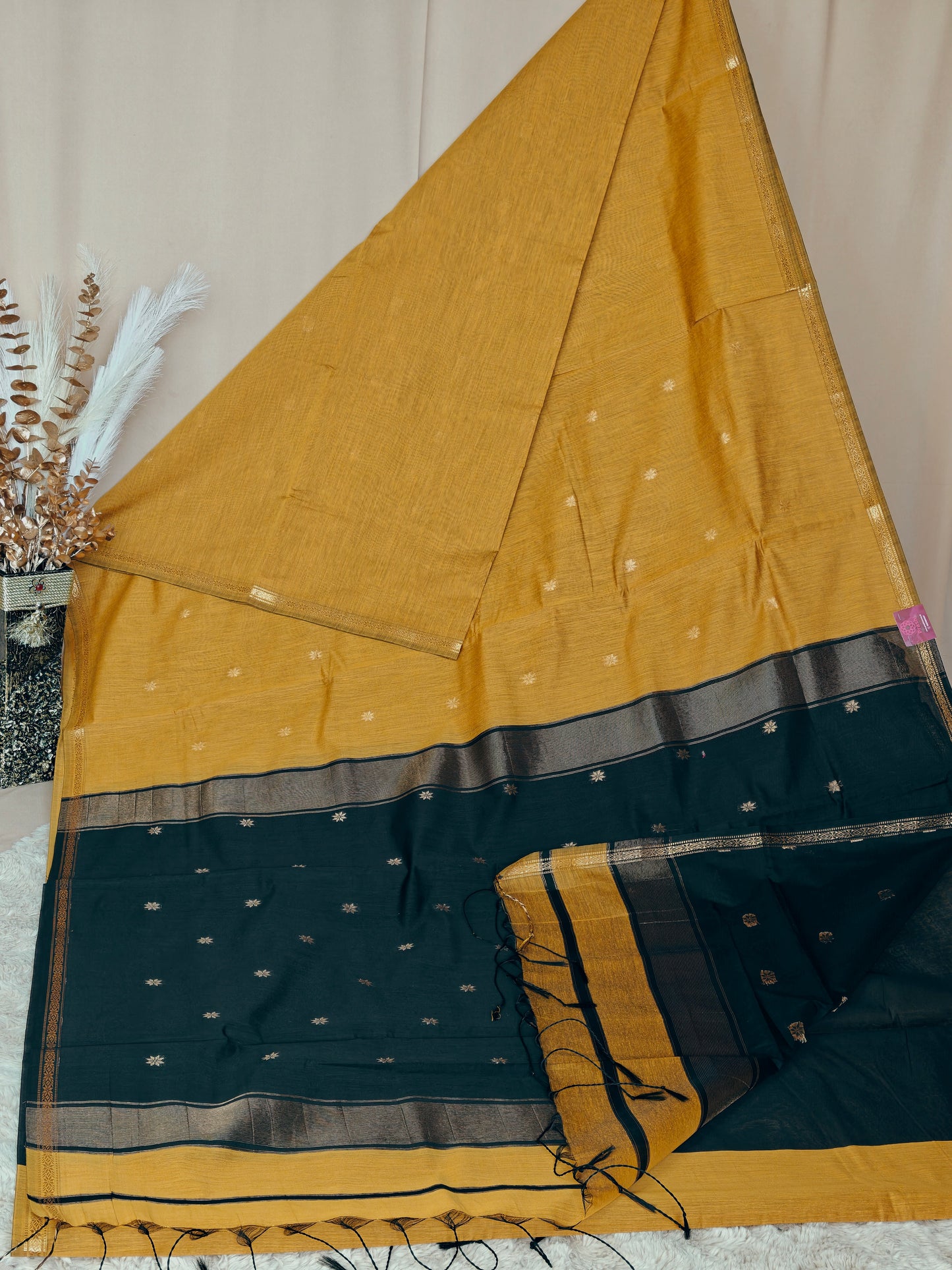 Yellow with black maheshwari silk cotton saree