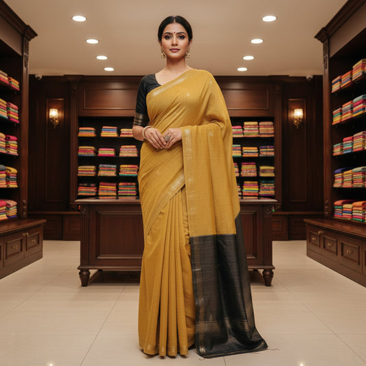 Yellow with black maheshwari silk cotton saree