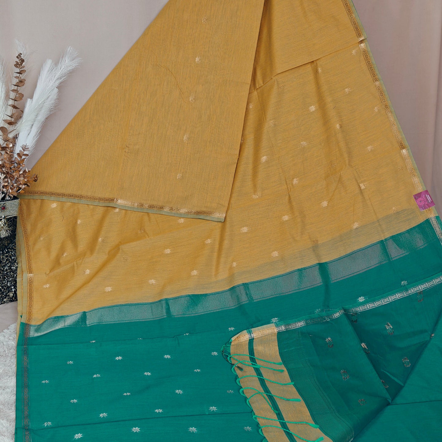 Yellow with teal blue maheshwari silk cotton saree