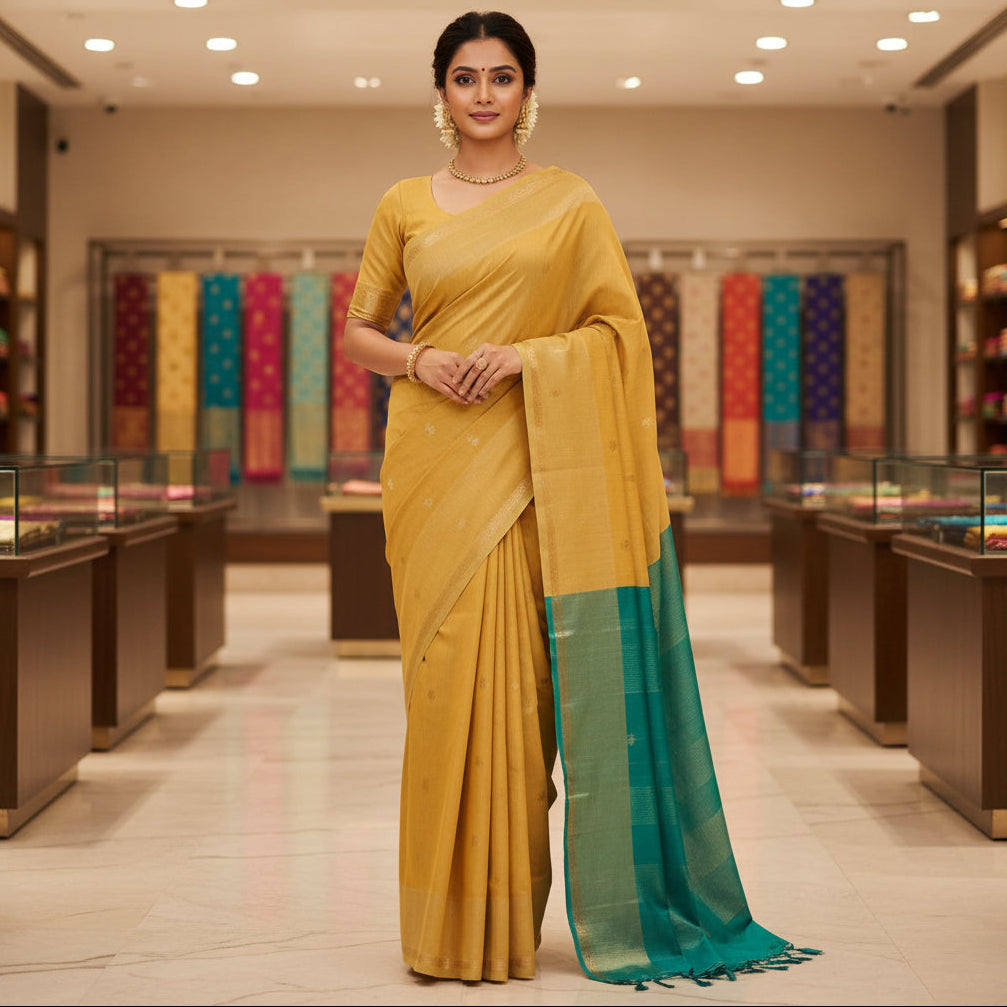 Yellow with teal blue maheshwari silk cotton saree