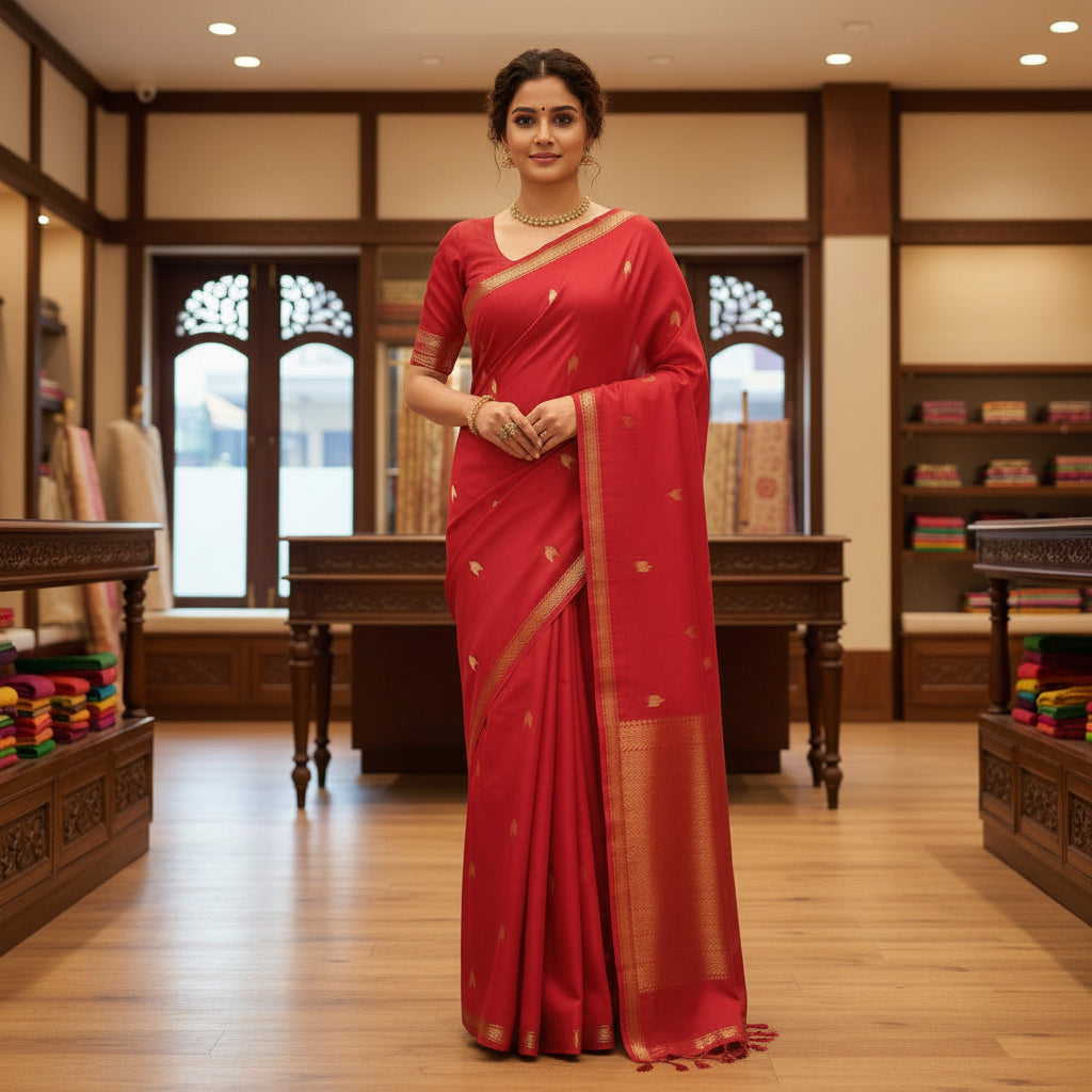 RED maheshwari silk cotton saree
