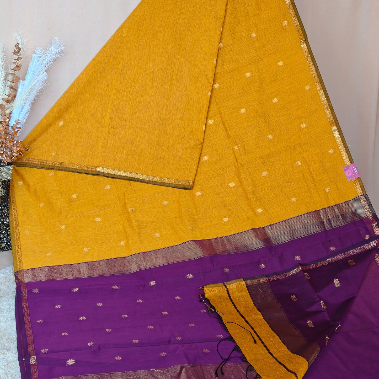 Yellow with purple maheshwari silk cotton saree