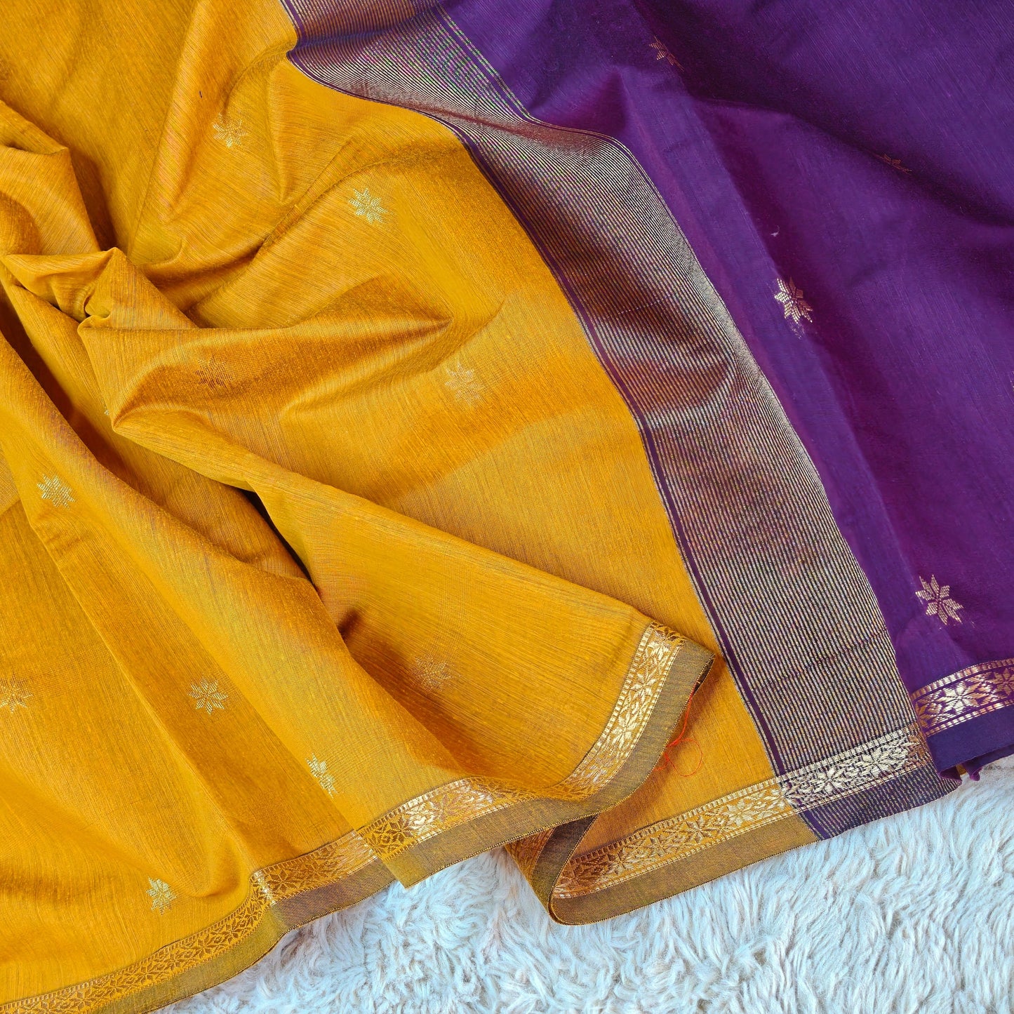 Yellow with purple maheshwari silk cotton saree