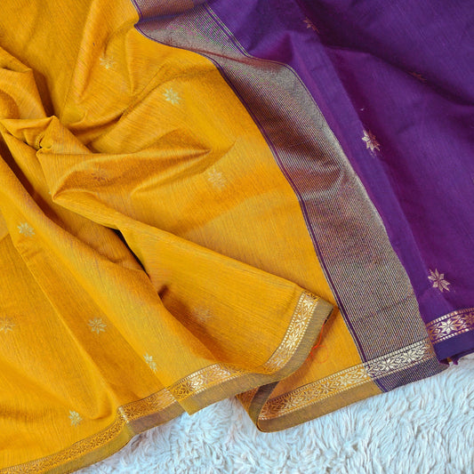 Yellow with purple maheshwari silk cotton saree
