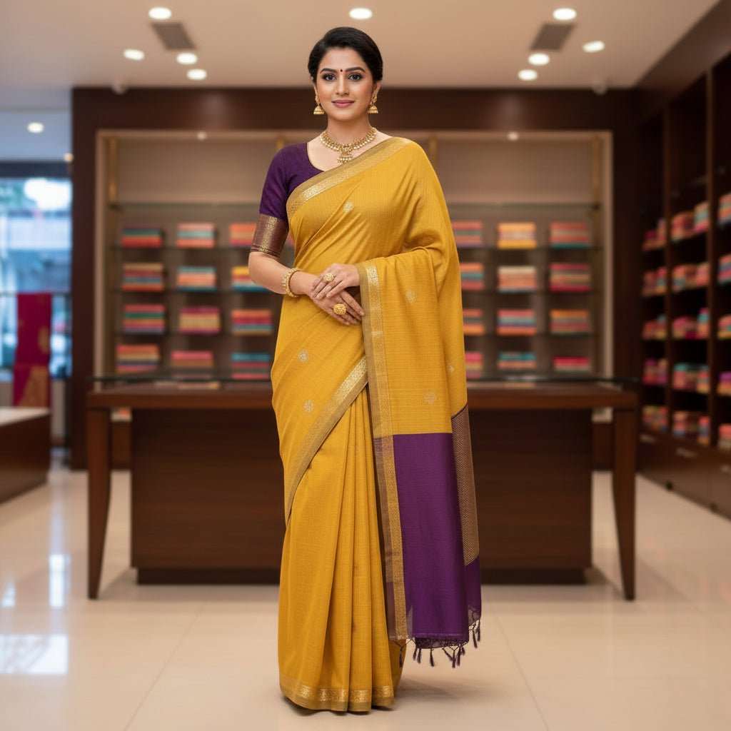 Yellow with purple maheshwari silk cotton saree