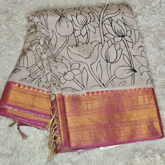 Half white kalamkari mangalagiri silk kanchi border saree