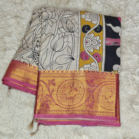 Half white kalamkari mangalagiri kanchi border saree