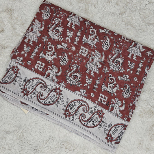 Maroon kalamkari mul cotton saree