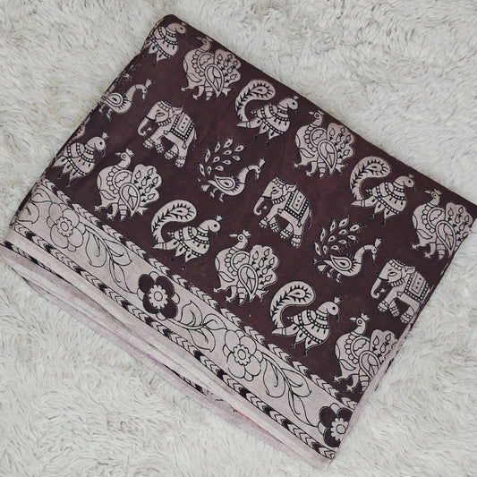 Dark Brown kalamkari mul cotton saree