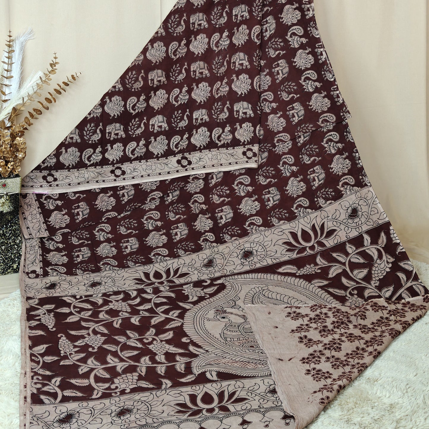 Dark Brown kalamkari mul cotton saree