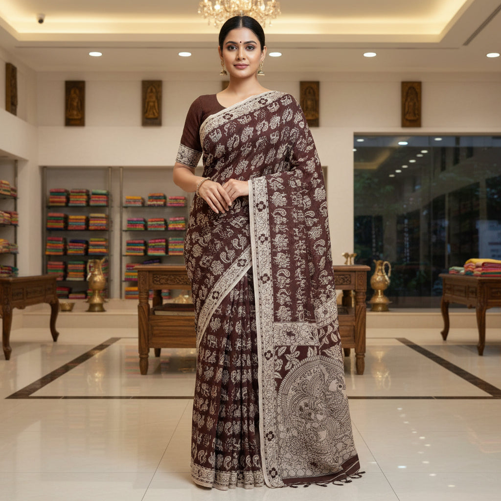 Dark Brown kalamkari mul cotton saree