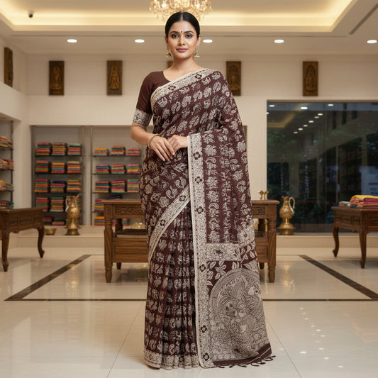 Dark Brown kalamkari mul cotton saree