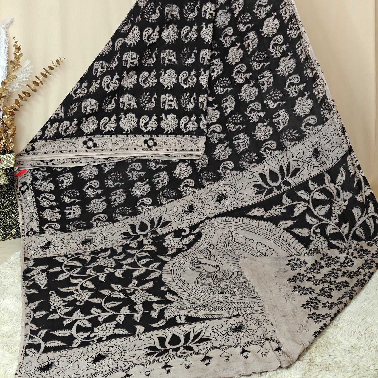 Black kalamkari mul cotton saree