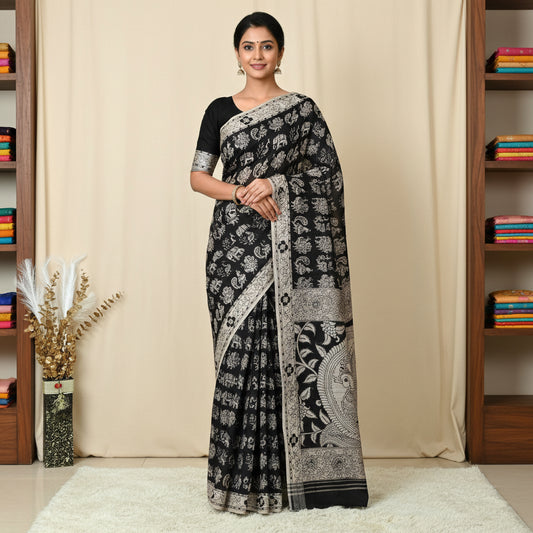 Black kalamkari mul cotton saree