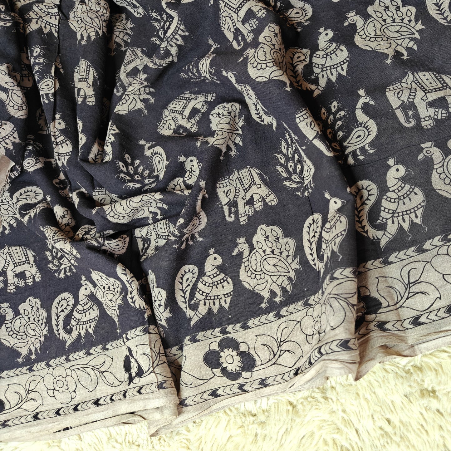 Black kalamkari mul cotton saree