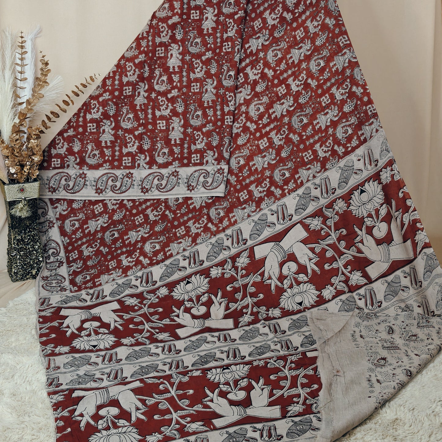 Maroon kalamkari mul cotton saree