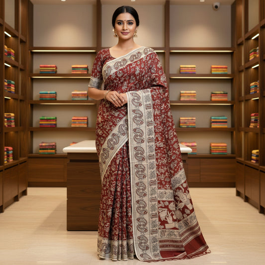 Maroon kalamkari mul cotton saree