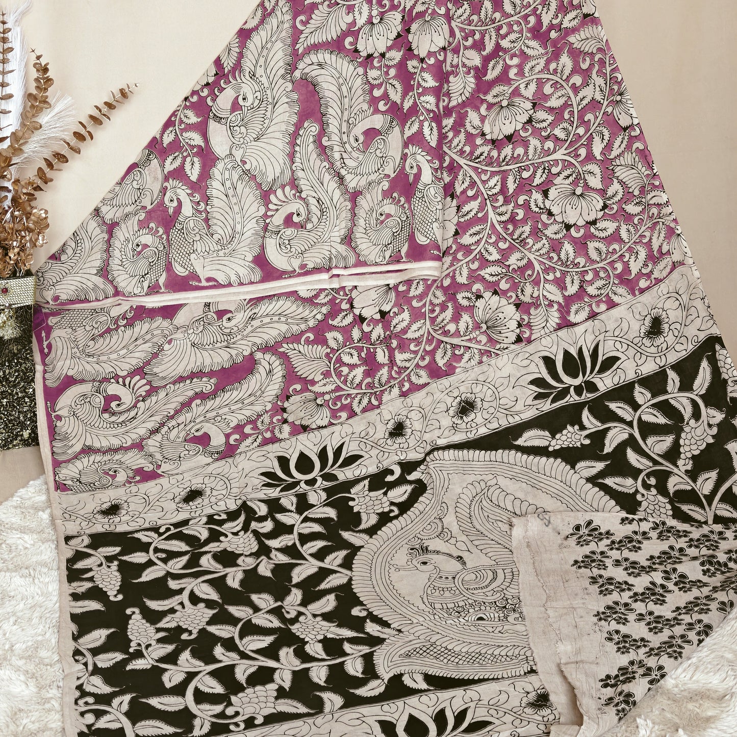 Pink kalamkari mul cotton saree