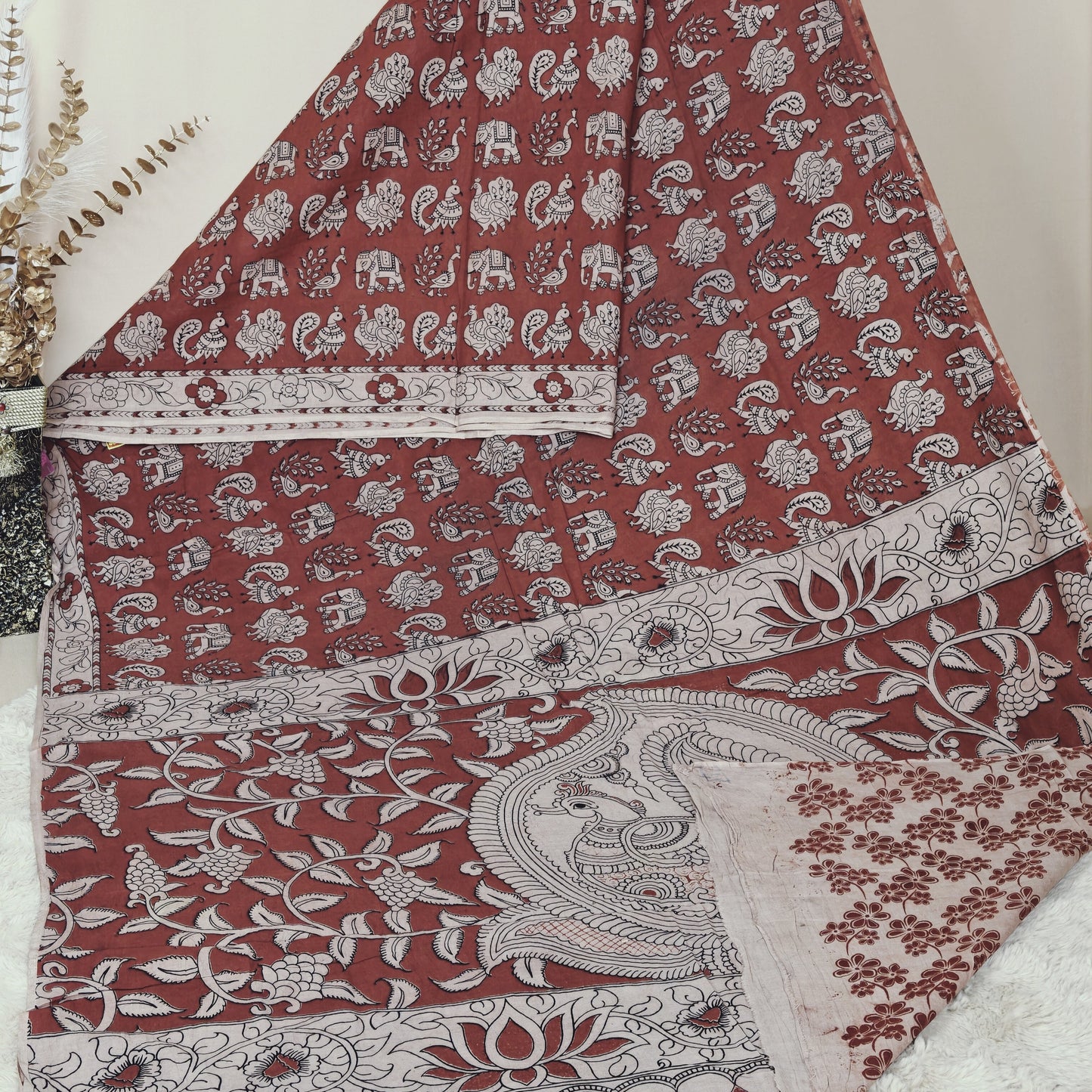 Maroon kalamkari mul cotton saree