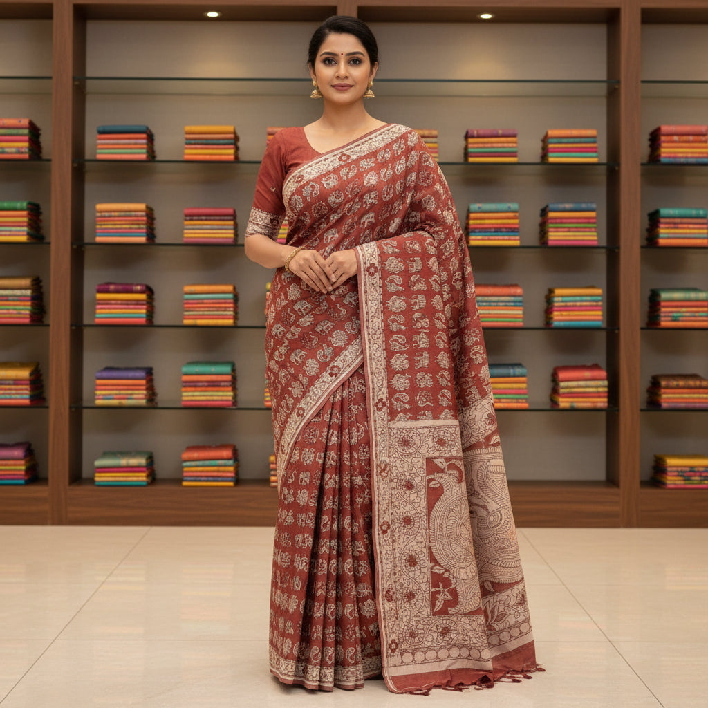 Maroon kalamkari mul cotton saree