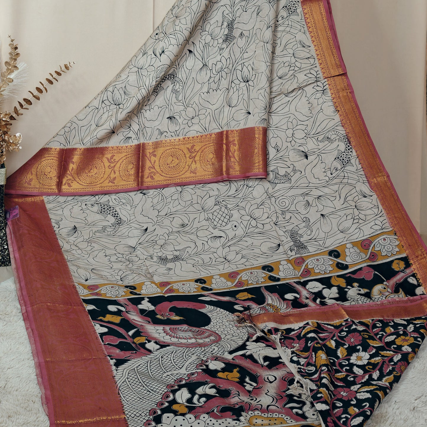 Half white kalamkari mangalagiri kanchi border saree