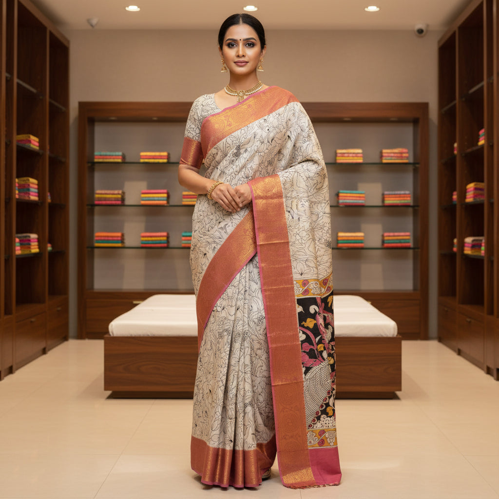 Half white kalamkari mangalagiri kanchi border saree