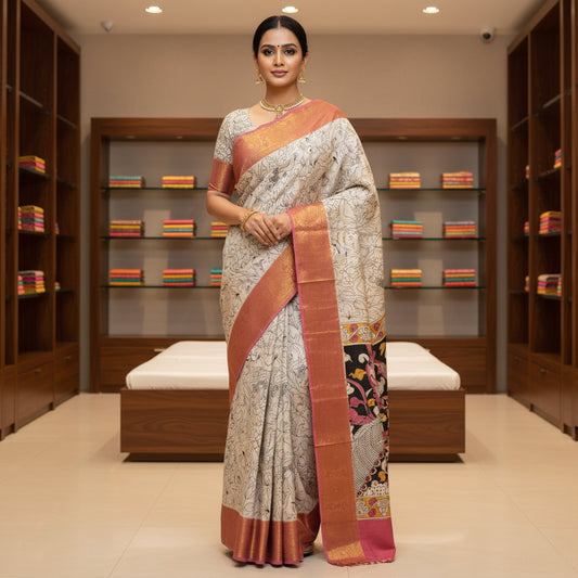 Half white kalamkari mangalagiri kanchi border saree