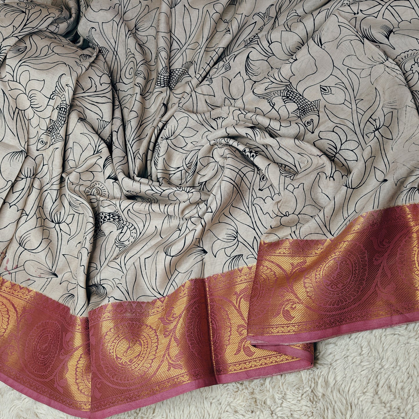 Half white kalamkari mangalagiri kanchi border saree