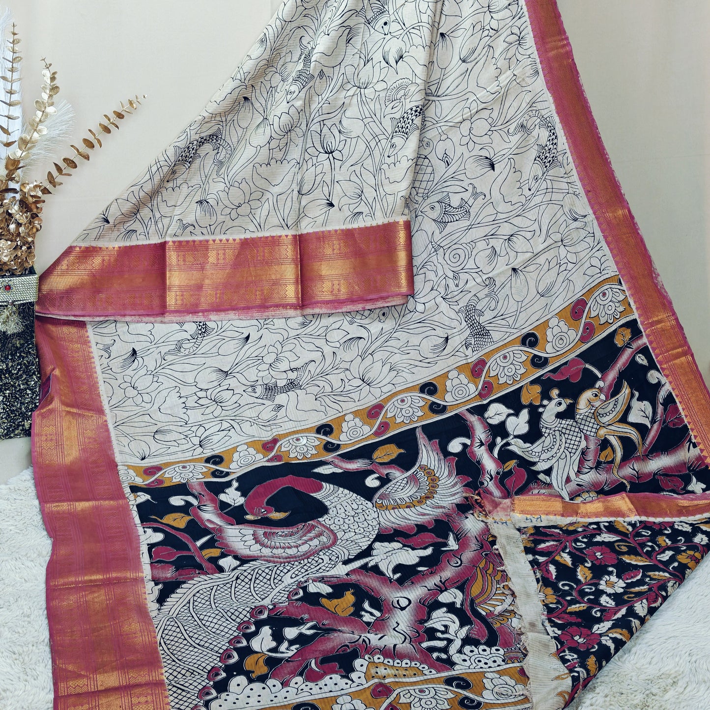 Half white kalamkari mangalagiri silk kanchi border saree