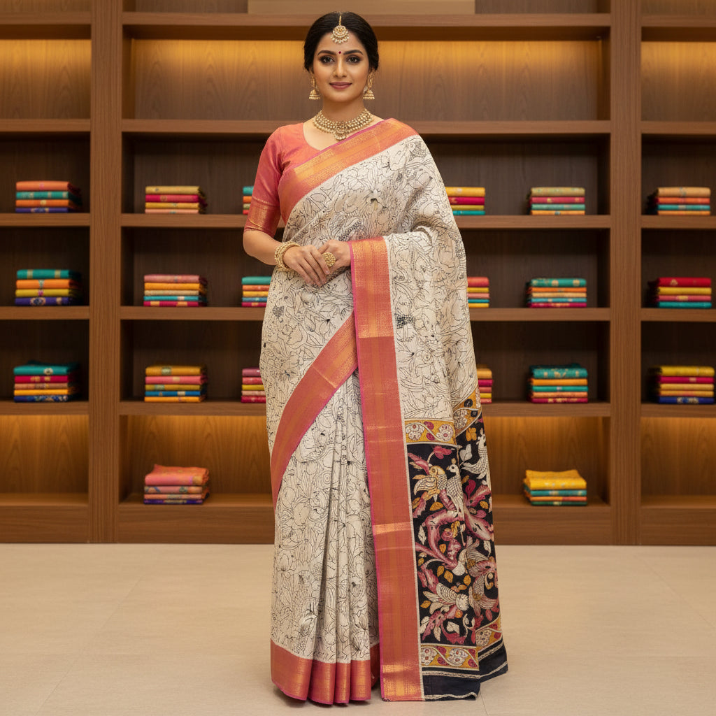 Half white kalamkari mangalagiri silk kanchi border saree
